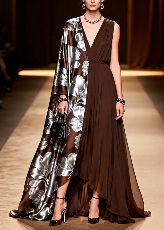 Modern V Neck Asymmetrical Design Patchwork Silk Maxi Dress Summer