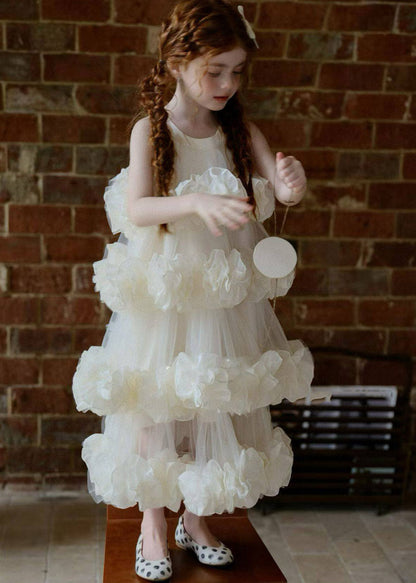 Modern White O-Neck Solid Tulle Girls Maxi Dress Summer