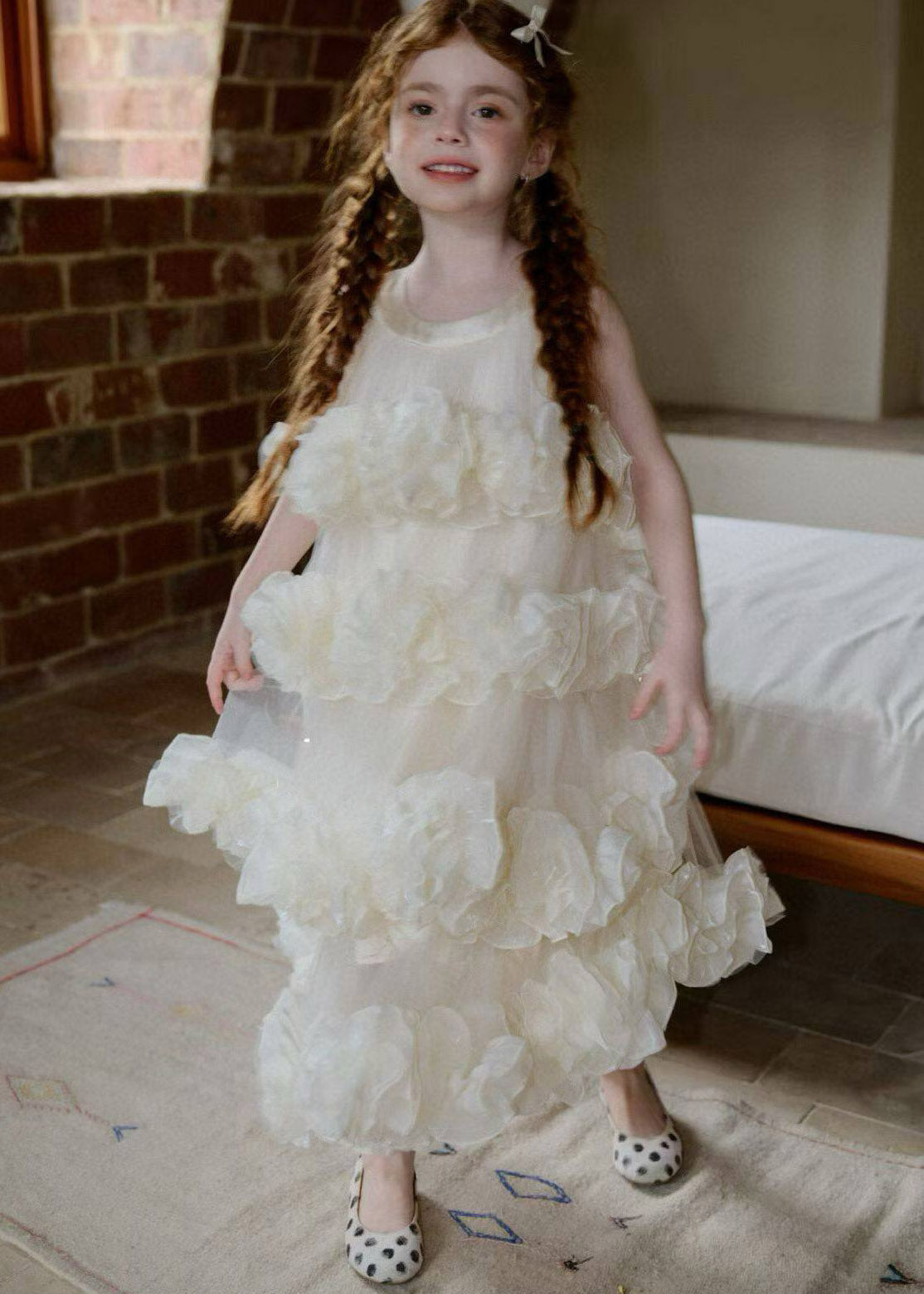 Modern White O-Neck Solid Tulle Girls Maxi Dress Summer