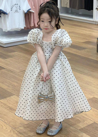 Modern White Puff Sleeve Print Cotton Baby Girls Vacation Dresses Summer