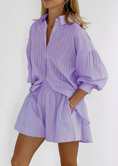 Modern White Striped Shirts And Shorts Cotton Two Pieces Set Spring
