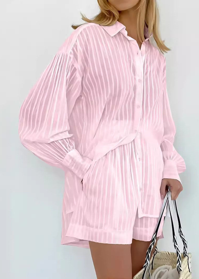 Modern White Striped Shirts And Shorts Cotton Two Pieces Set Spring
