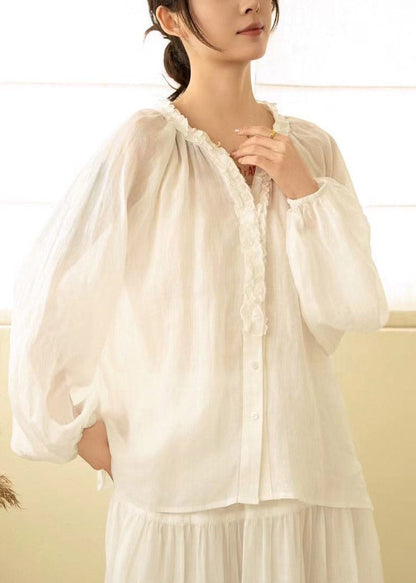 Modern White V Neck Patchwork Linen Shirt Fall