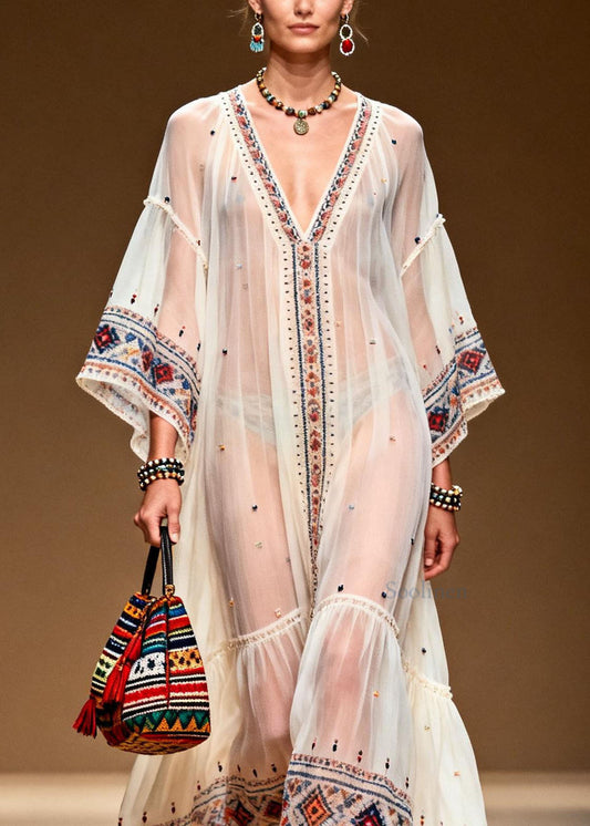 Modern White V Neck Print Patchwork Chiffon Dresses Summer