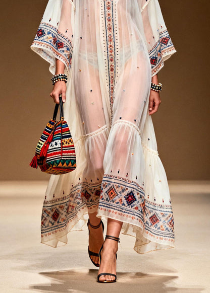 Modern White V Neck Print Patchwork Chiffon Dresses Summer