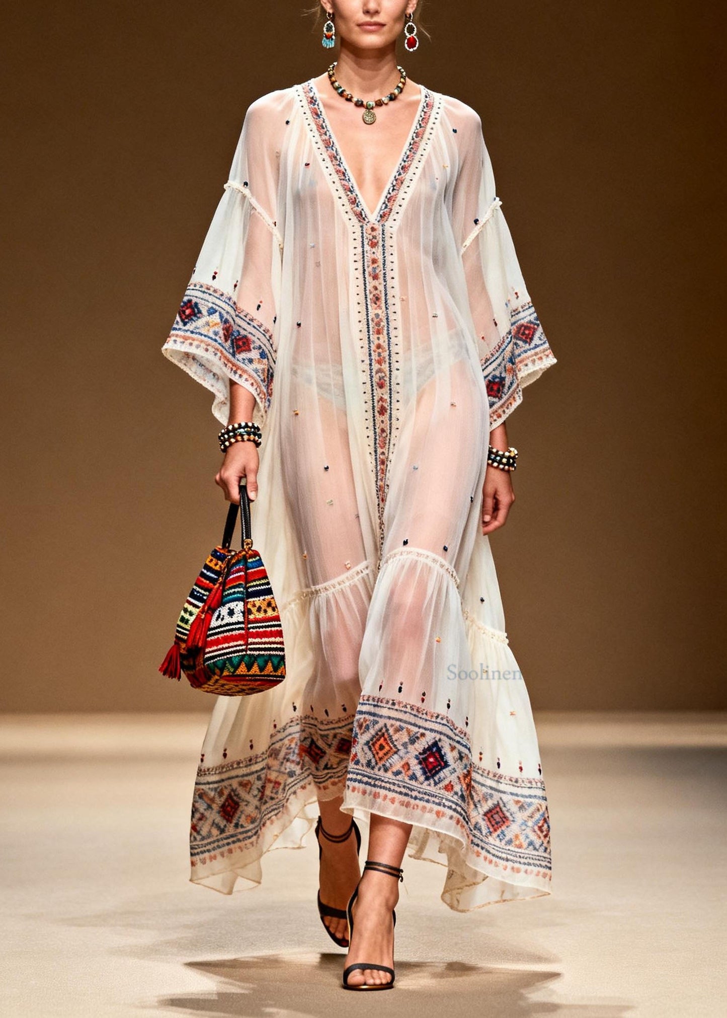 Modern White V Neck Print Patchwork Chiffon Dresses Summer