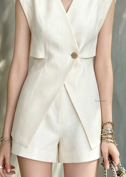 Modern White V Neck Top And Shorts Two Pieces Set Short Sleeve