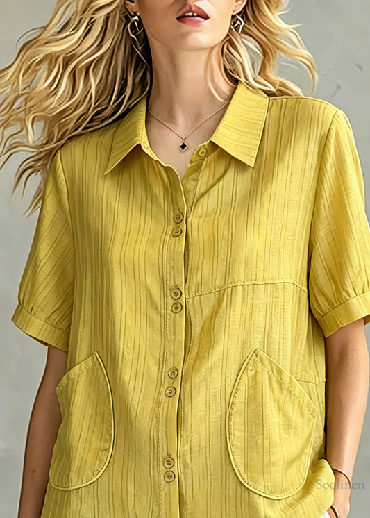 Modern Yellow Peter Pan Collar Pockets Shirt Summer