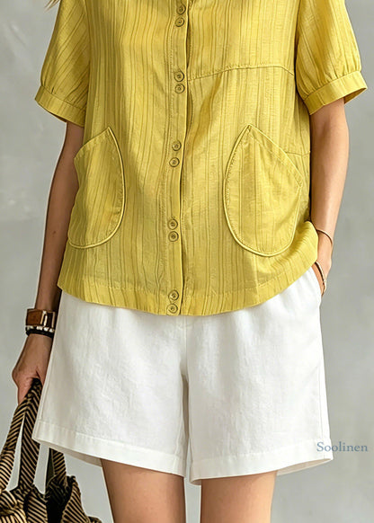 Modern Yellow Peter Pan Collar Pockets Shirt Summer
