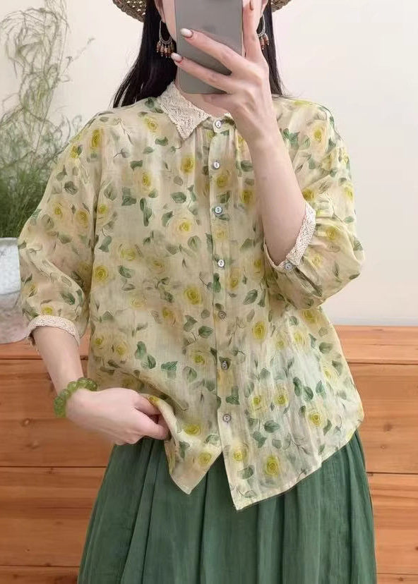 Modern Yellow Peter Pan Collar Print Linen Shirt Top Bracelet Sleeve