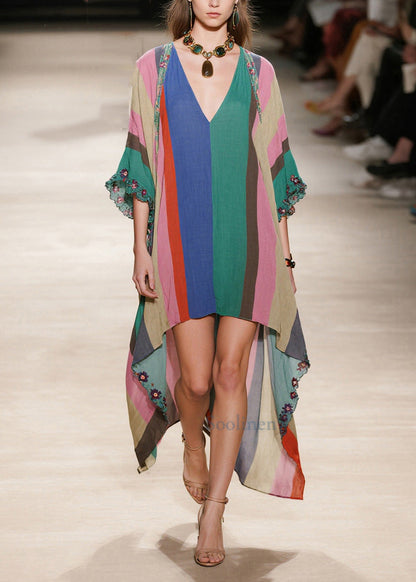 Multicolored Striped Cotton Long Dress Ruffled Low High Design Half Sleeve