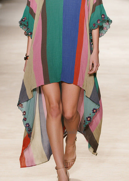 Multicolored Striped Cotton Long Dress Ruffled Low High Design Half Sleeve