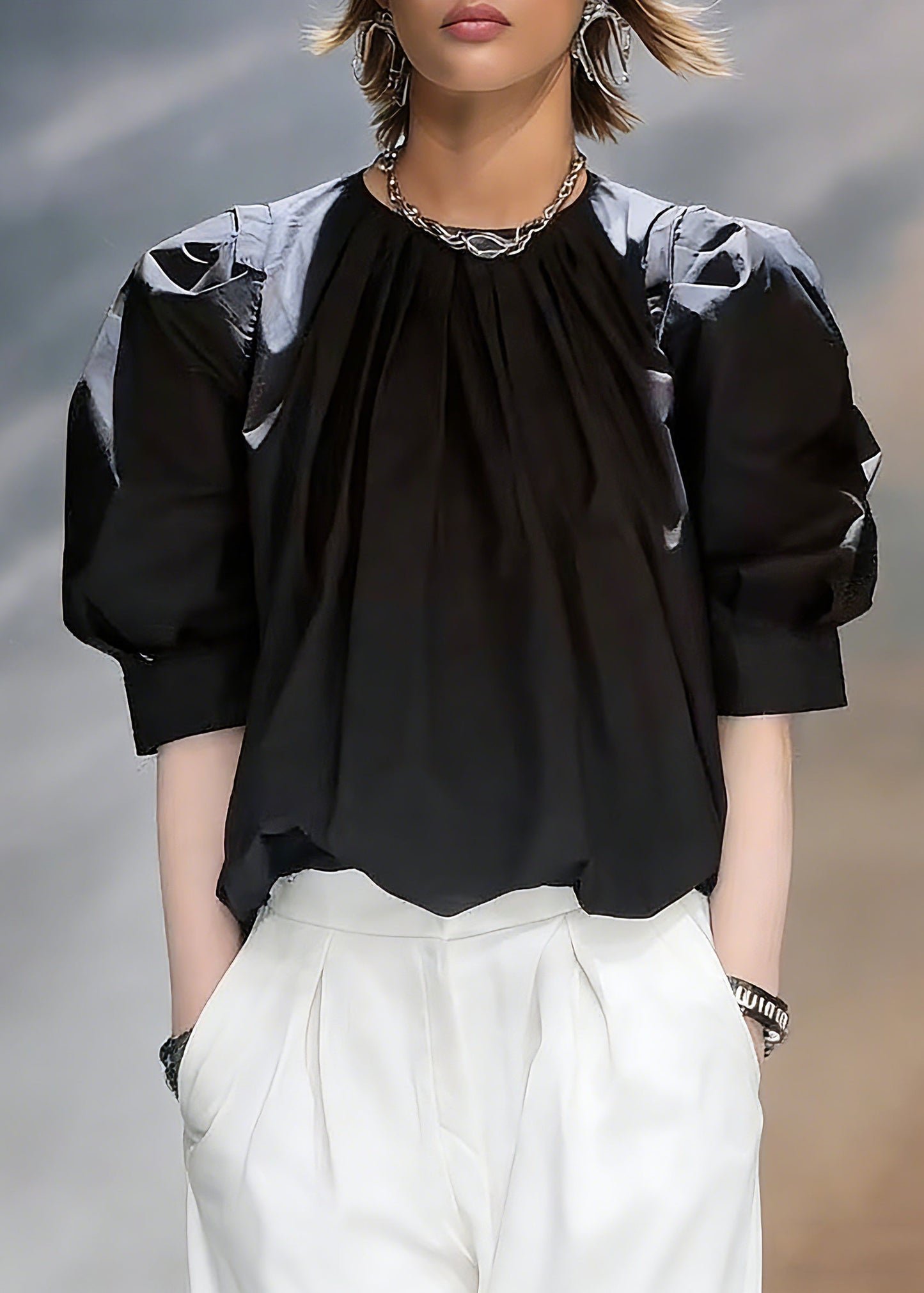 Natural Black O-Neck Patchwork Tops Summer