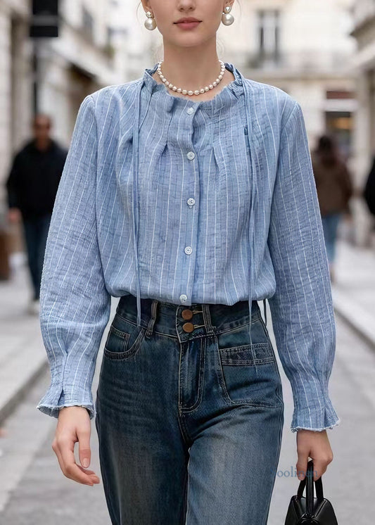 Natural Blue O Neck Striped Cotton Shirt Top Spring