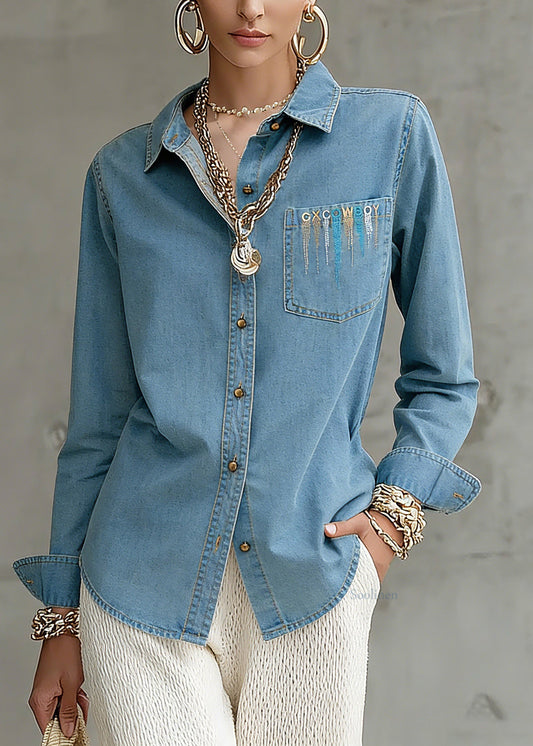 Natural Blue Patchwork Button Denim Top Spring
