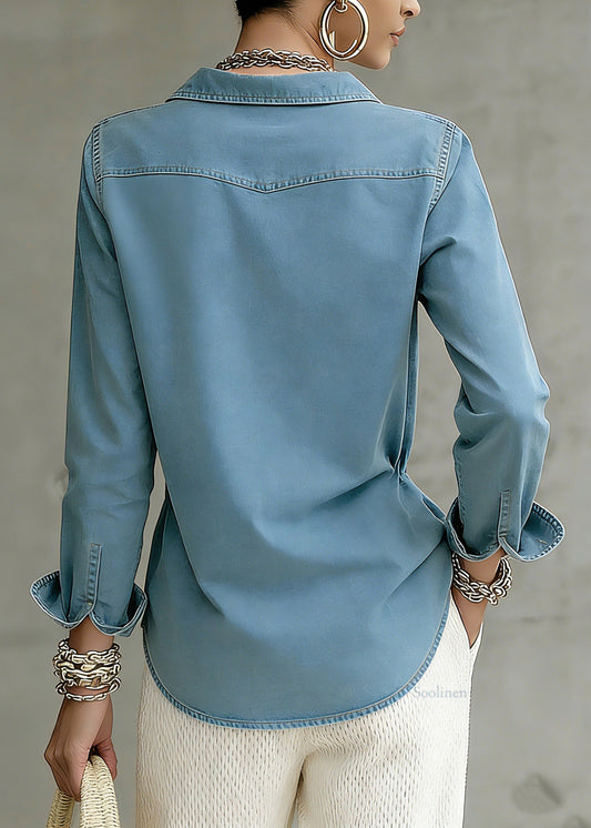 Natural Blue Patchwork Button Denim Top Spring