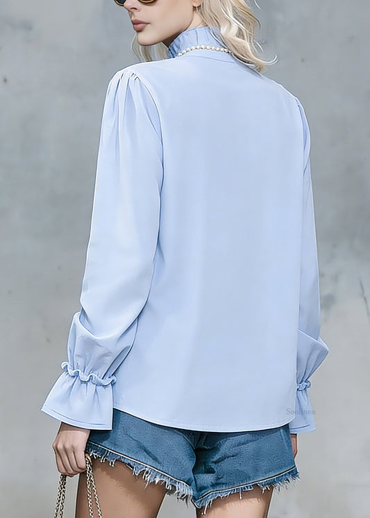 Natural Blue Ruffled Patchwork Tie Lace Shirts Spring