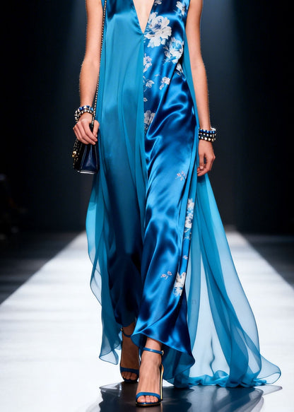 Natural Blue V Neck Print Patchwork Chiffon Dress Sleeveless