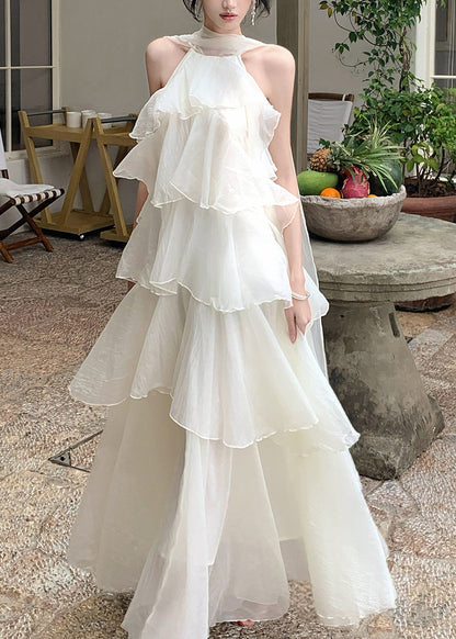 Natural Cold Shoulder Ruffled Long Dresses Sleeveless