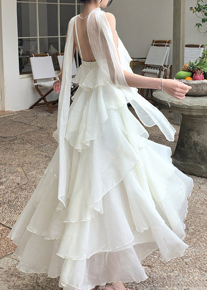 Natural Cold Shoulder Ruffled Long Dresses Sleeveless