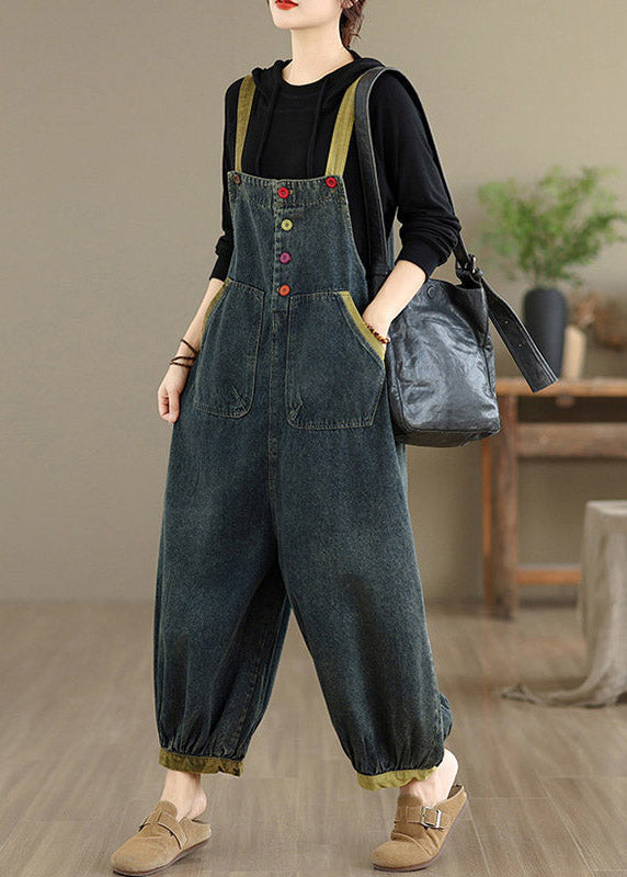Natural Dark Blue Pockets Patchwork Denim Jumpsuits Sleeveless