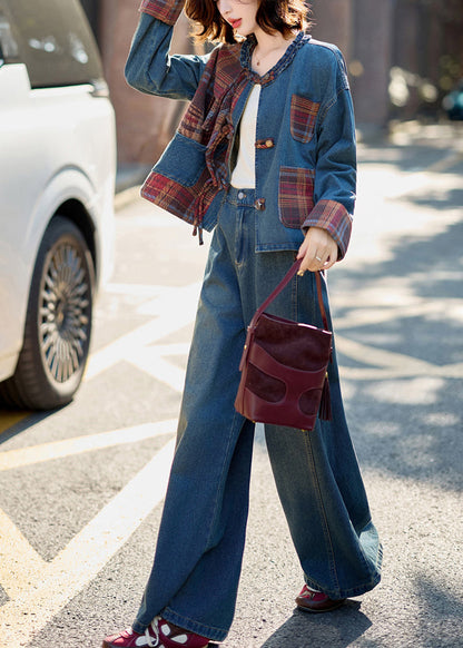 Natural Denim Blue O-Neck Patchwork Coats And Wide Leg Pants Two Pieces Set Fall