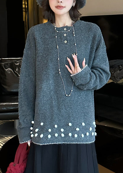 Natural Grey O-Neck Cozy Cotton Knit Sweater Tops Fall