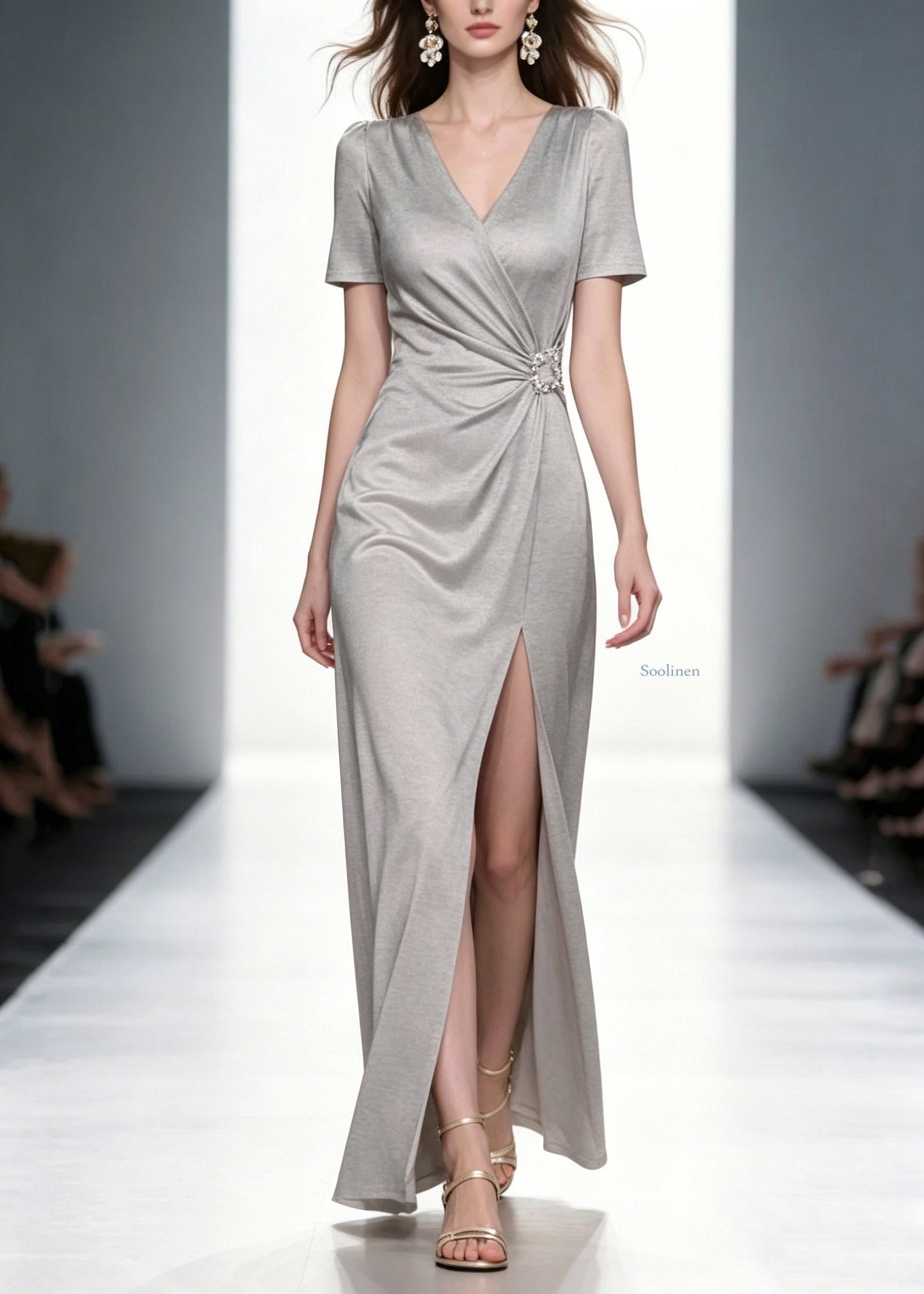Natural Grey V Neck Wrinkled Solid Long Dresses Summer