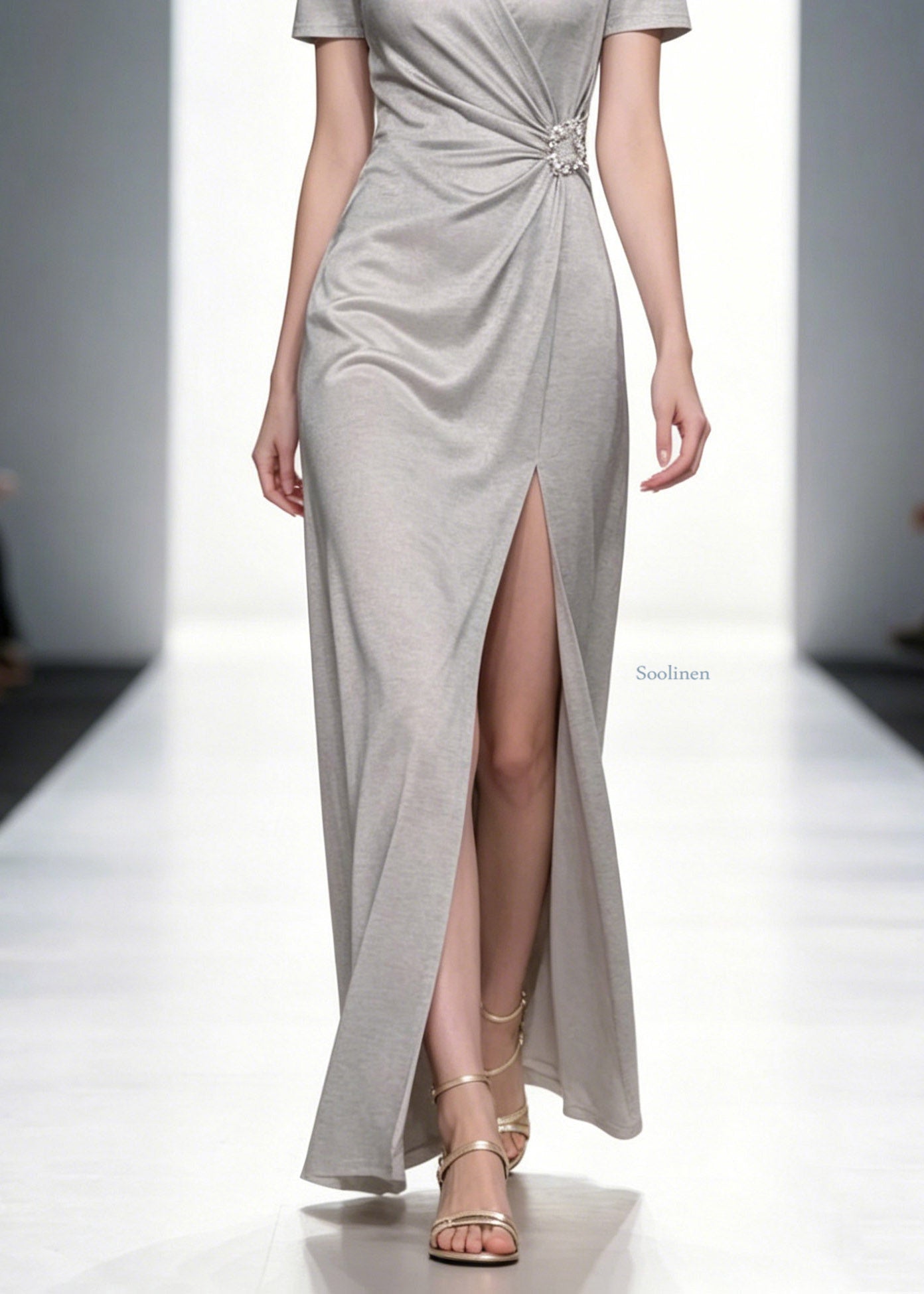 Natural Grey V Neck Wrinkled Solid Long Dresses Summer