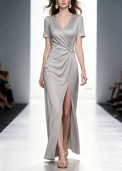 Natural Grey V Neck Wrinkled Solid Long Dresses Summer