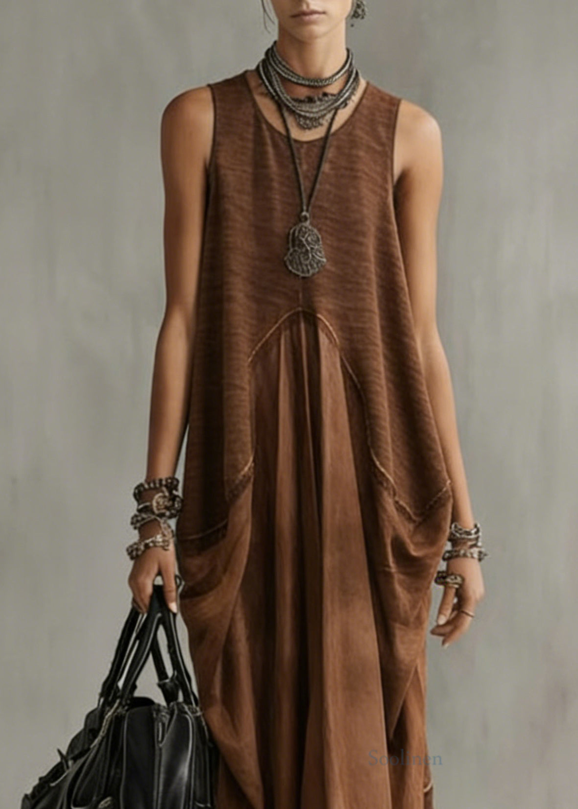 Natural Khaki O-Neck Patchwork Solid Long Dress Summer