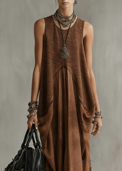 Natural Khaki O-Neck Patchwork Solid Long Dress Summer
