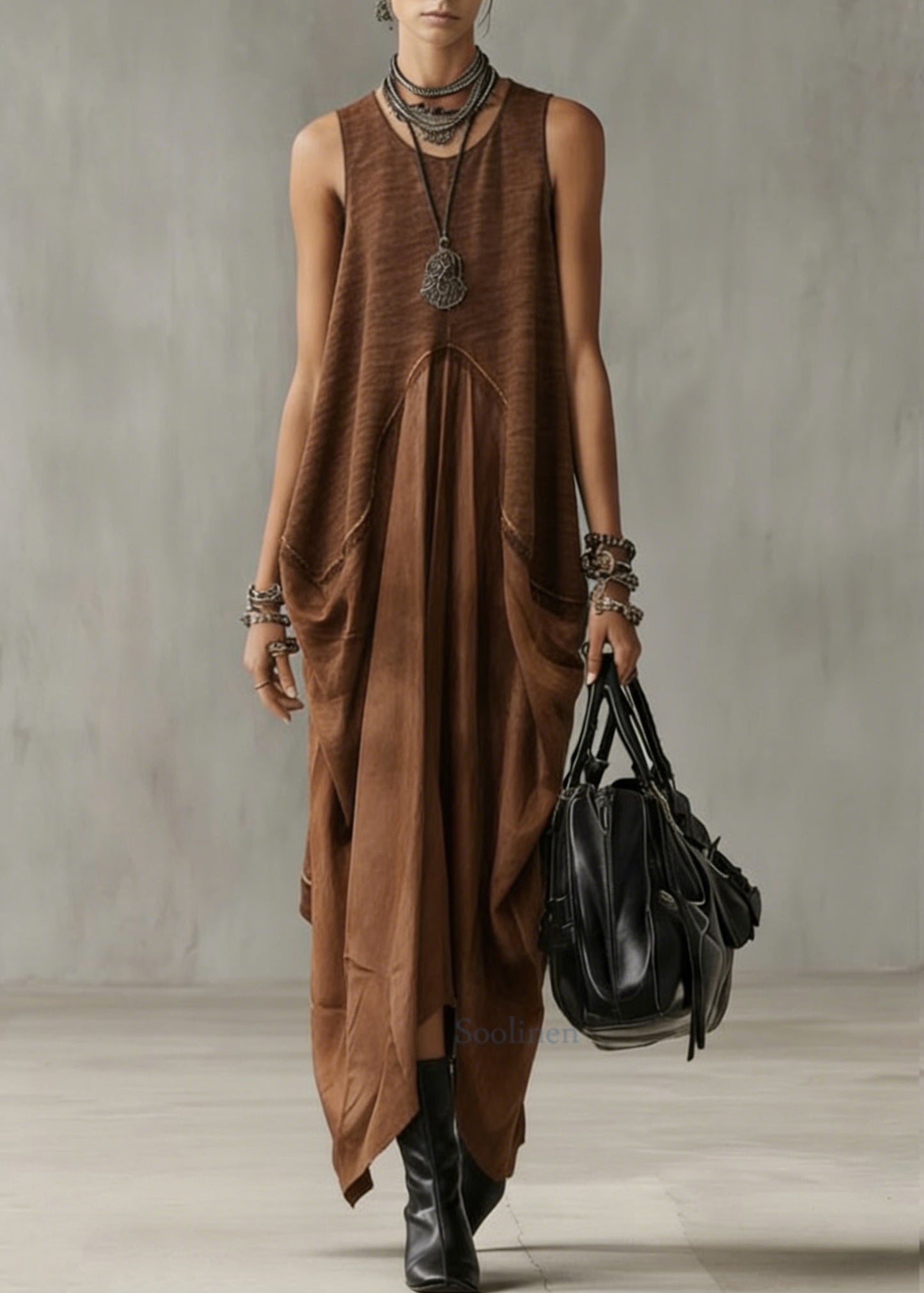 Natural Khaki O-Neck Patchwork Solid Long Dress Summer