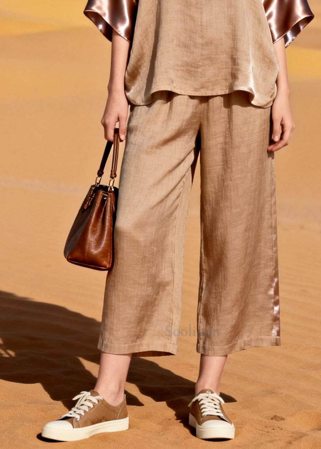Natural Khaki Oversized Patchwork Silk Linen Two Piece Set Outfits Summer