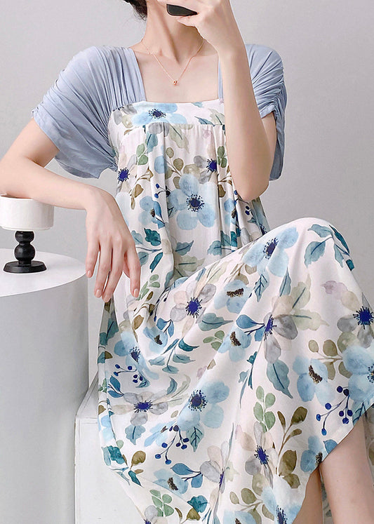 Natural Light Blue Print Patchwork Maxi Dresses Pajama Summer
