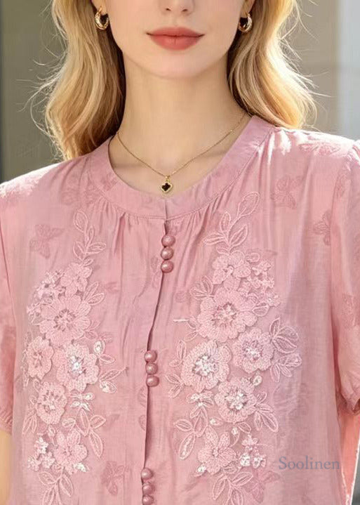 Natural Pink Embroidered Butterfly Cotton Blouse Tops Summer