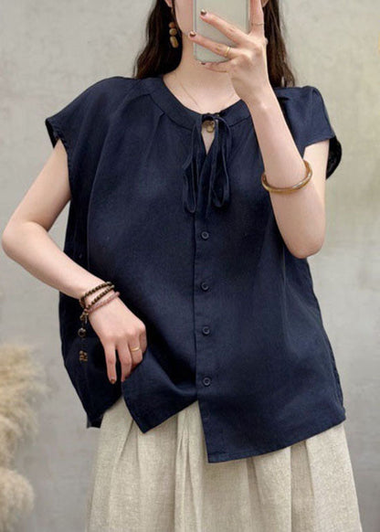 Natural Royal Blue O Neck Lace Up Linen Shirts Summer