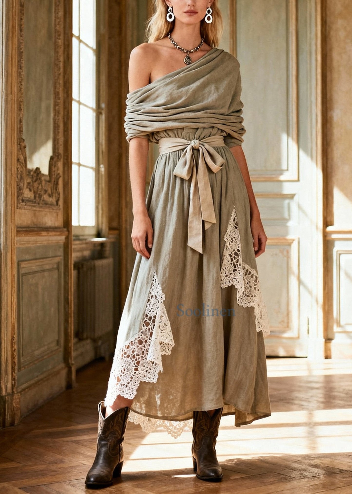 Natural Tie Waist Lace Patchwork Long Dress Spring
