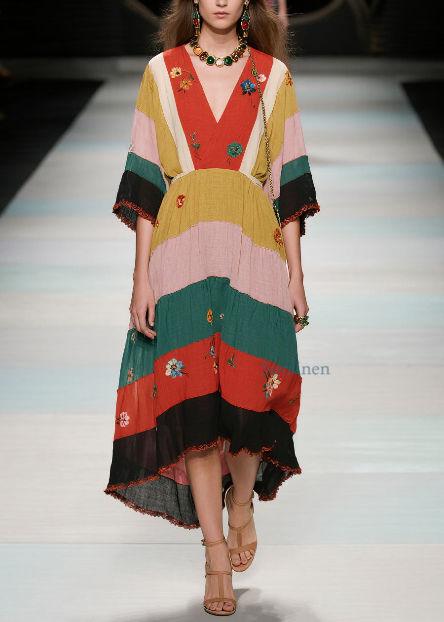 Natural V Neck Floral Patchwork Cotton Long Dress Summer