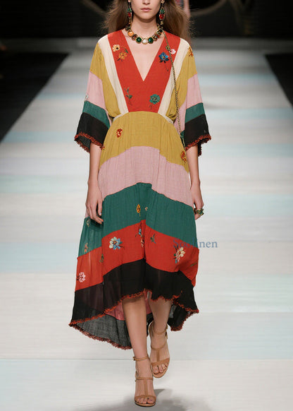 Natural V Neck Floral Patchwork Cotton Long Dress Summer