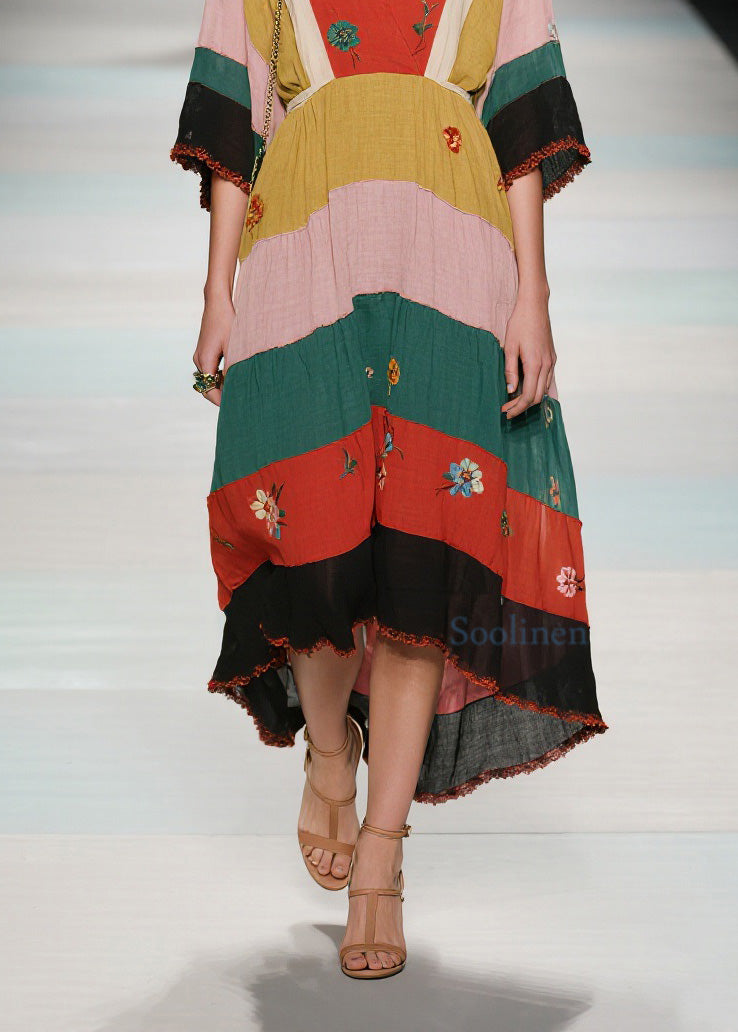 Natural V Neck Floral Patchwork Cotton Long Dress Summer