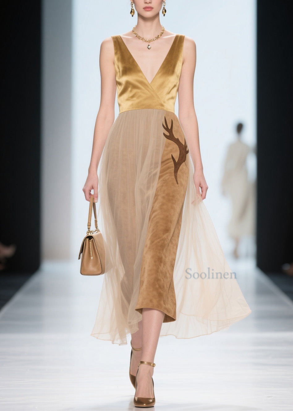 Natural V Neck Tulle Patchwork Silk Velvet Dress Sleeveless