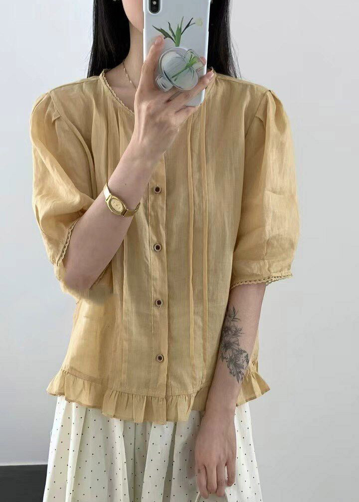 Natural White O-Neck Ruffled Linen Top Short Sleeve