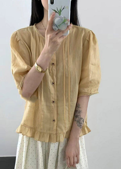 Natural White O-Neck Ruffled Linen Top Short Sleeve