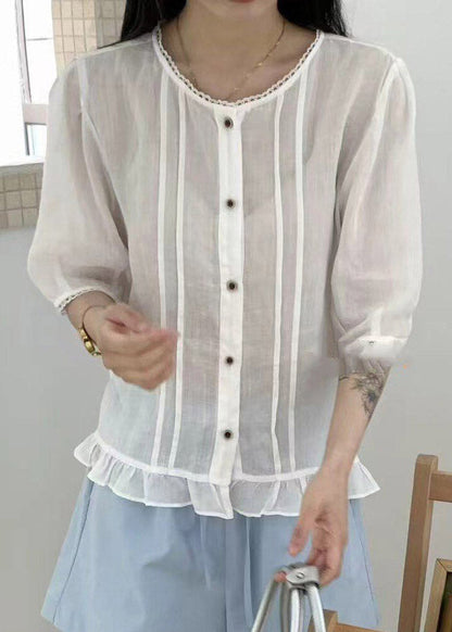 Natural White O-Neck Ruffled Linen Top Short Sleeve