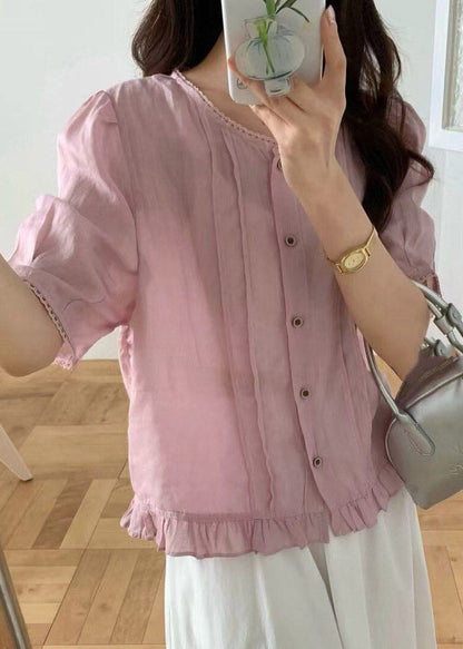 Natural White O-Neck Ruffled Linen Top Short Sleeve