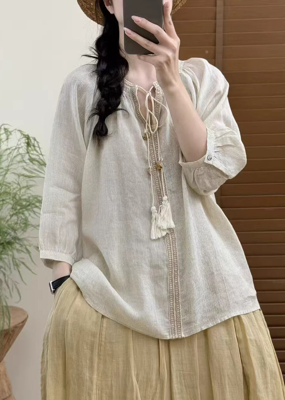Natural White Oversized Lace Up Linen Blouse Top Summer