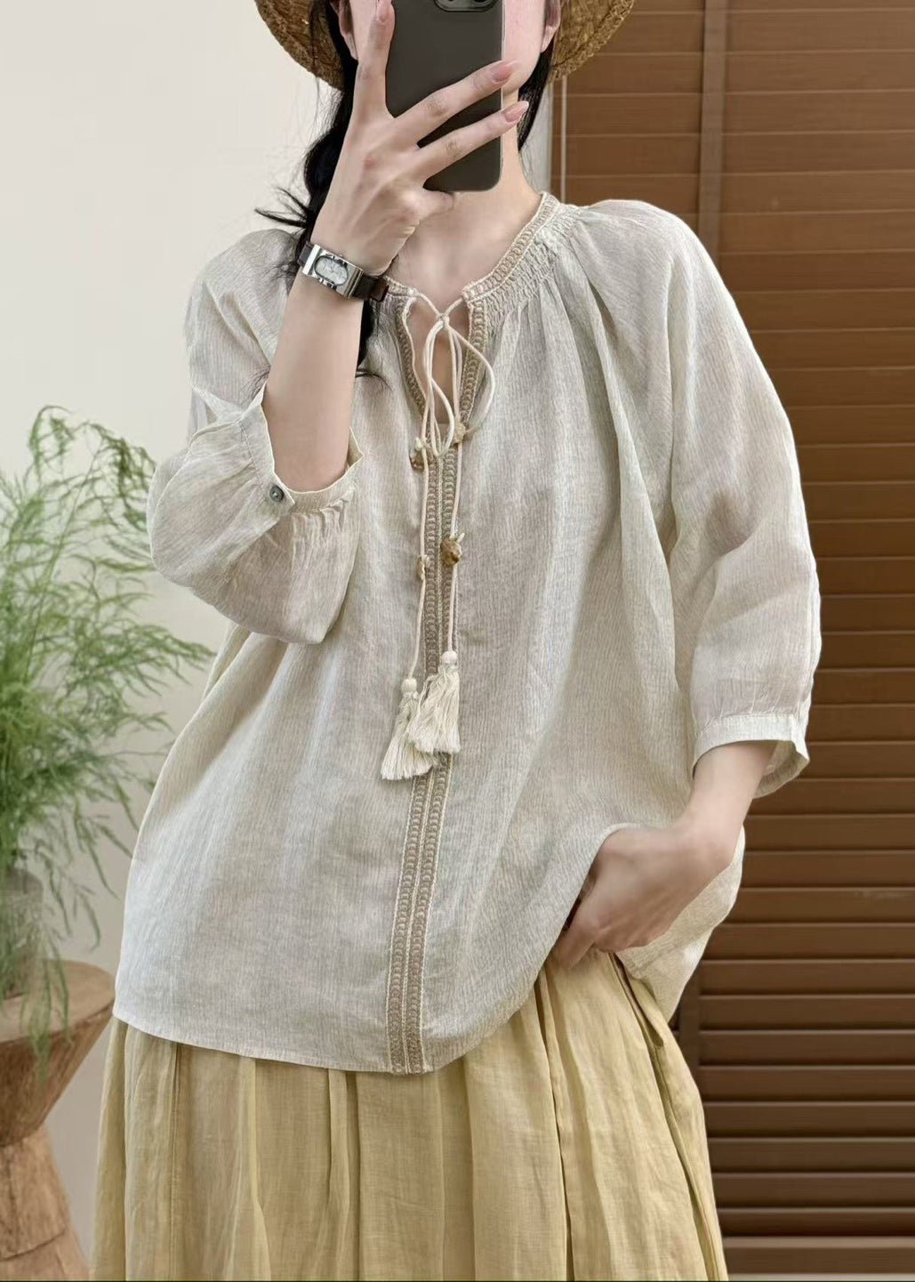 Natural White Oversized Lace Up Linen Blouse Top Summer