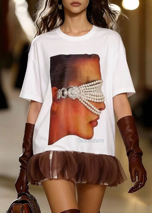 Natural White Oversized Patchwork Pearl Cotton Long Tops Summer