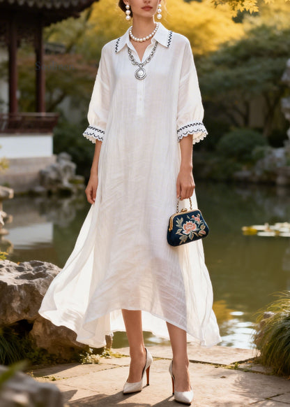 Natural White Peter Pan Collar Lace Patchwork Cotton Dress Summer